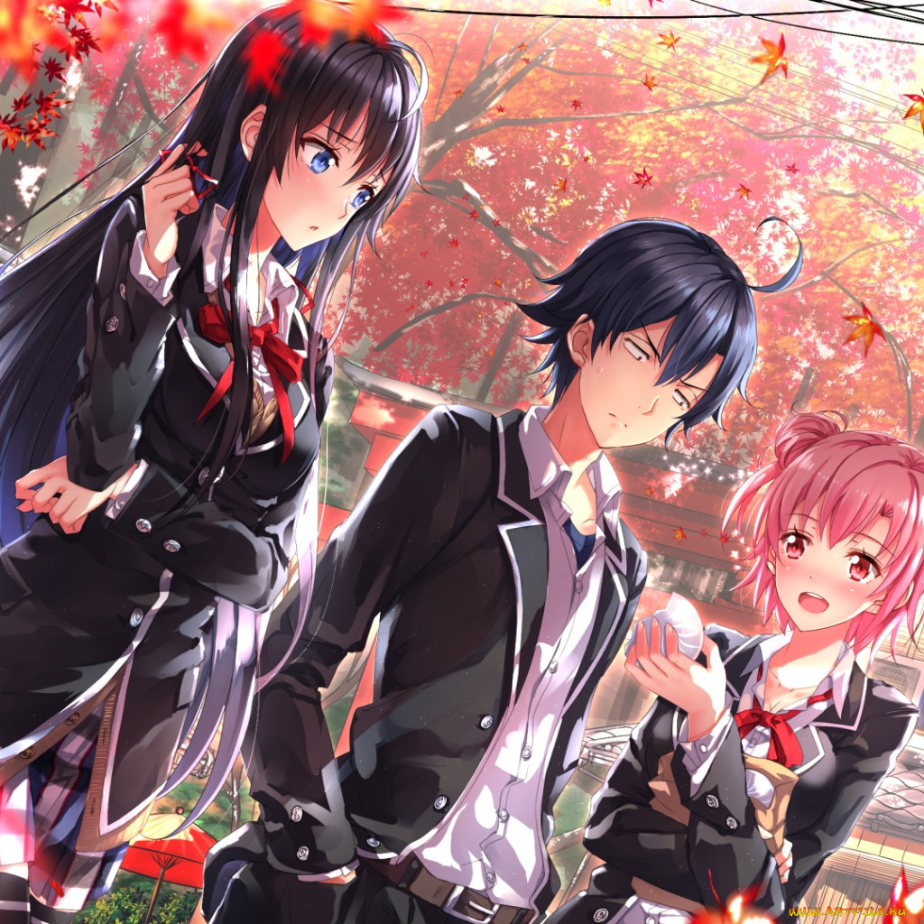 Обои Аниме OreGairu, обои для рабочего стола, фотографии аниме, oregairu,  арт, swordsouls, yukinoshita, yukino, yuigahama, yui, hikigaya, hachiman,  yahari, ore, no, seishun, love, come, wa, machigatteiru, листья, деревья,  осень, девушки, парень Обои